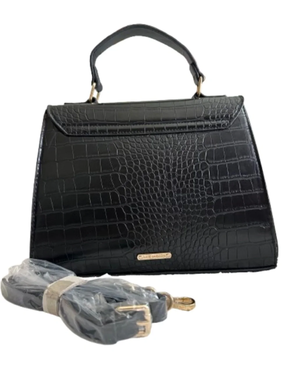 like dreams Small Black Croc-Embossed Top Handle Satchel with Gold Ring & Strap
